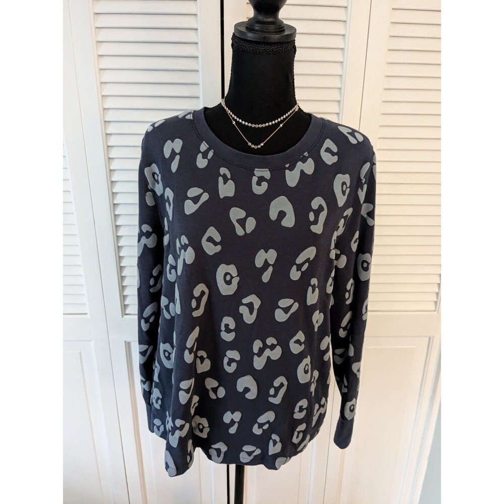AnyBody Sweatshirt Womens M Cozy Knit French Terry Flocking Blue Leopard Top